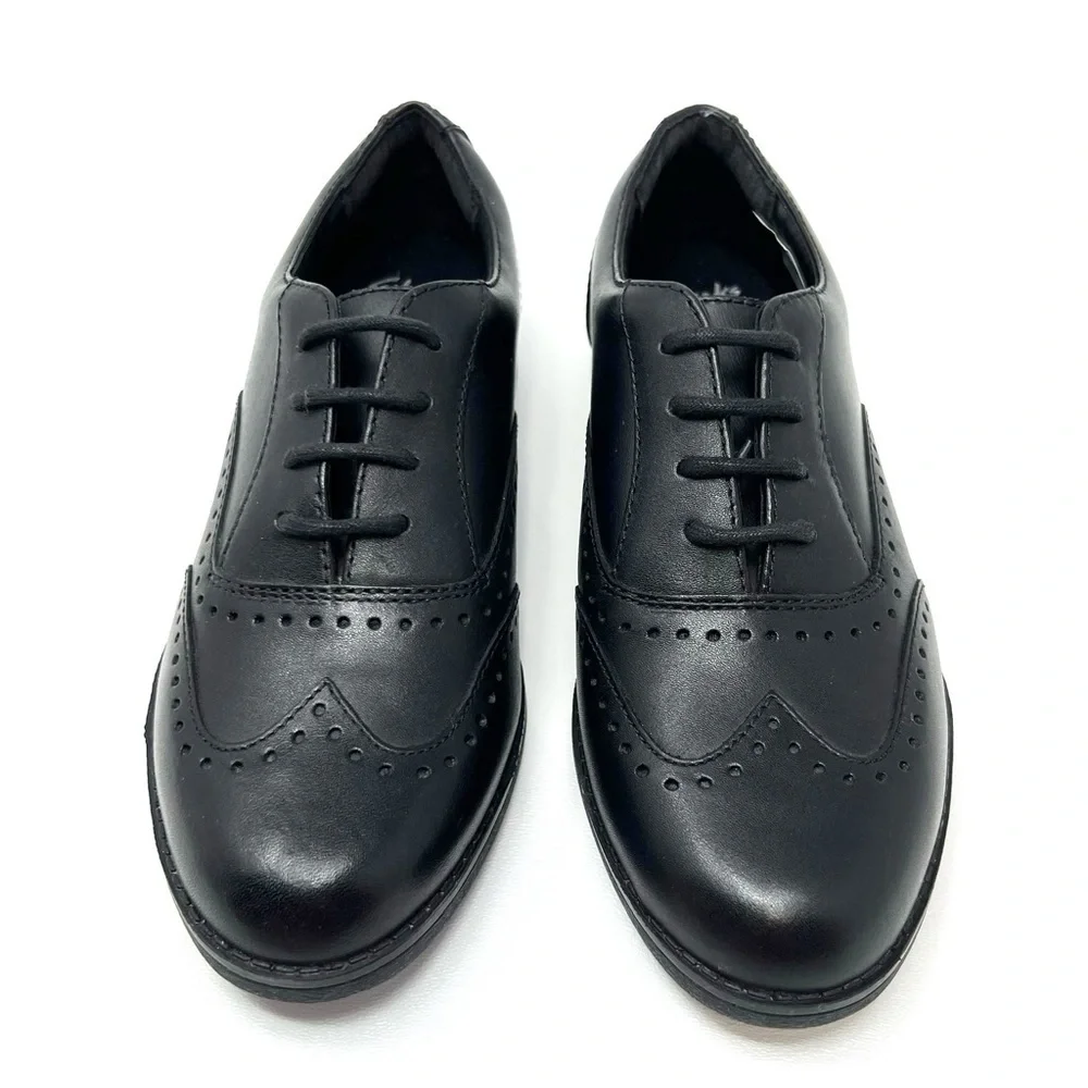 Clarks Shoes Wingtip Sami Fizz Junior Girls Black Leather Dress Size 1.5 New